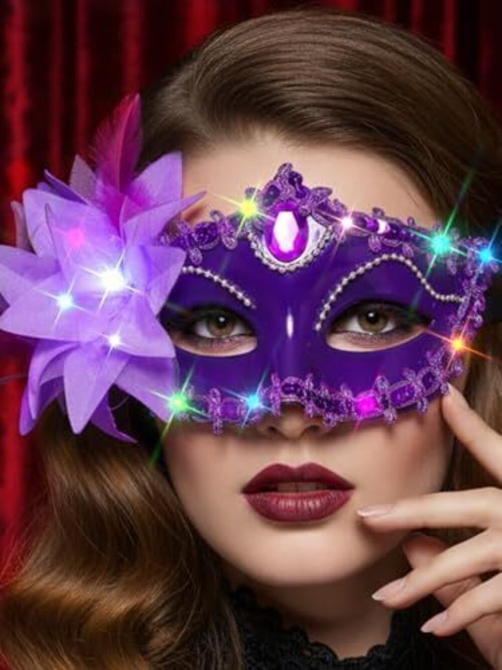 2222 Purple Light Up Masquerade Mask, Venetian Lace Flower Antifaz, Cosplay